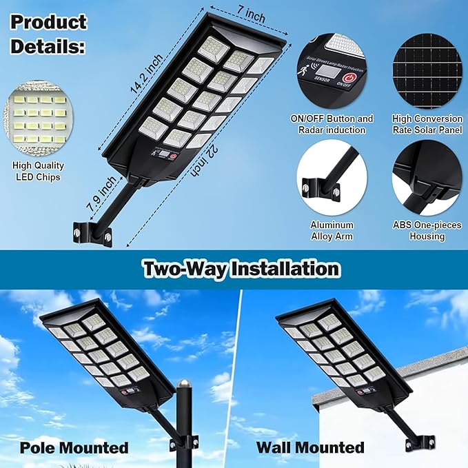 Jercoda Solar Street Lights Outdoor 2 Pack, 6500K 50000LM LED Flood Lights Motion Sensor Dusk to Dawn Security Lights with Remote Control, Waterproof Solar Powered Lighting for Garden Yard Parking Lot