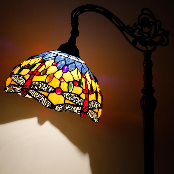 Tiffany Lamp Shade Replacement 12X6 Inch Stained Glass Lampshade Only 1-5/8-Inch Fitter Opening for Arched Floor Lamp, Torchiere Lamp, Pendant Light (Orange Blue Dragonfly)