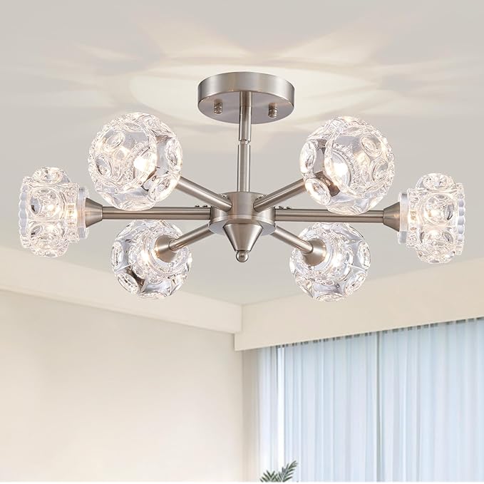 XINGQI Modern Sputnik Chandelier 6-Light Semi Flush Mount Ceiling Light Fixture Brushed Nickel Ceiling Lighting for Bedroom Entryway Dining Room Living Room Kitchen - Aura Lighting