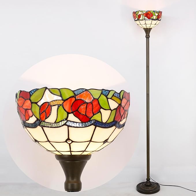 Tiffany Torchiere Floor Lamp Stained Glass Rose Flower Style Standing Corner Torch Uplight 12X12X72 Inch for Bedroom Living Room Home Office