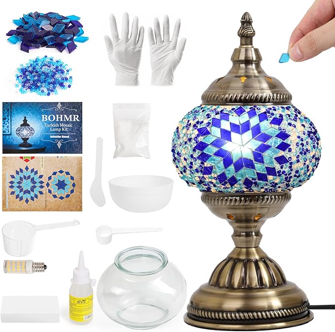 DIY Turkish Mosaic Lamp Kit, Stained Glass Table Lamp Making Kit- Easy and Fun, No Experience Needed, Mosaic Art & Craft Project Kits for Adults & Teens, Make Your Own Table Lamp,Blue