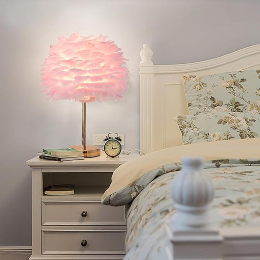 ZYLEIESENBAO Pink Feather Lamp Cute Romantic Goose Feather Table Lamp Furry Nightstand Light with Gold Base Bedside Lamp for Girl Bedroom Wedding Living Room Hotel Decorative - Aura Lighting