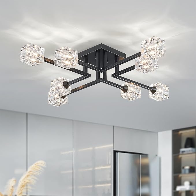 XINGQI Black Modern Sputnik Chandelier Semi Flush Mount Ceiling Light Glass 8-Lights Farmhouse Lighting Fixtures for Dining Room Living Room Kitchen Bedroom