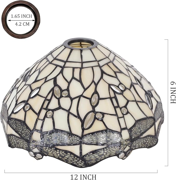 Tiffany Lamp Shade Replacement 12X6 Inch Stained Glass Lampshade Only 1-5/8-Inch Fitter Opening for Arched Floor Lamp, Torchiere Lamp, Pendant Light (Cream Color)
