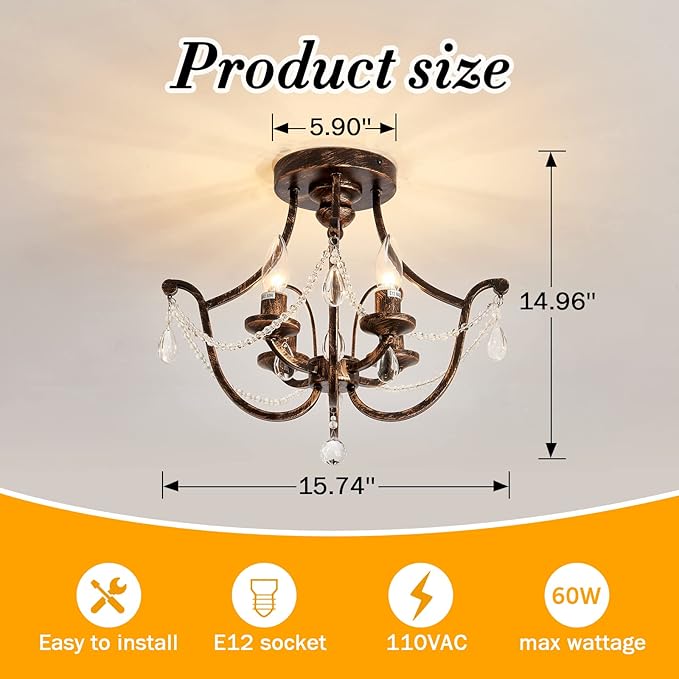 UOFUS Vintage Semi Flush Mount Crystal Chandelier Oil Rubbed Bronze 4-Light Small Metal Ceiling Light Fixture Farmhouse Ceiling Lamp for Foyer Kitchen Entryway Hallway Bathroom Bedroom Dining Room - Aura Lighting