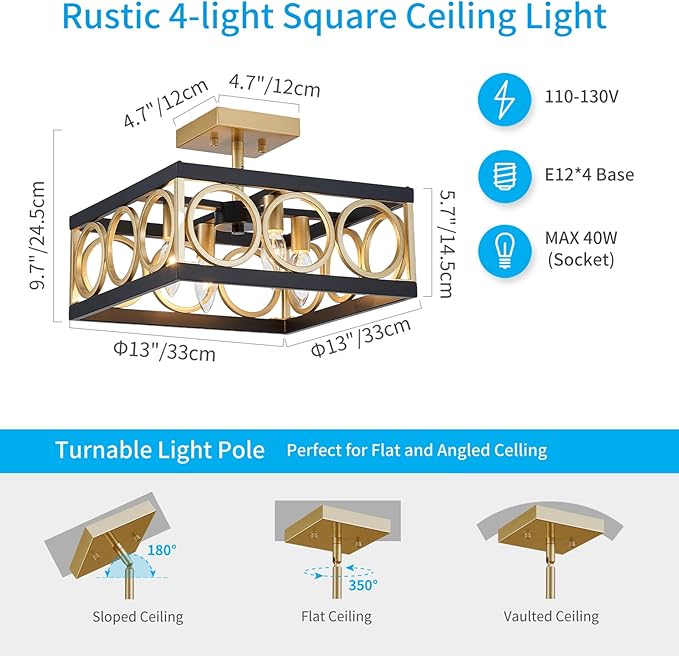 XINGQ Black and Gold Ceiling Light Fixture Modern 4-Light 13'' Semi Flush Mount Ceiling Lights for Living Dining Room Bedroom with Square Metal Shade, E12 Bulb Base - Aura Lighting