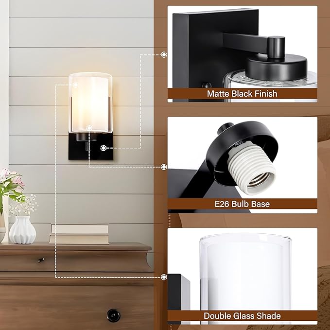 Pia Ricco Wall Sconces Set of Two, Hardwired Bathroom Wall Sconce with Double Glass Shade, Modern Bedside Wall Lamps, Farmhouse Vanity Light Black Wall Lights for Living Room, Bedroom, Hallway - Aura Lighting