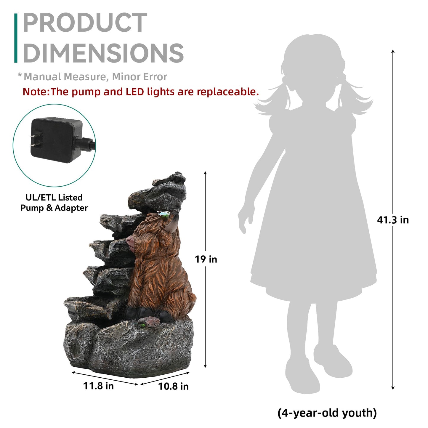 6 Tier Outdoor Water Fountain LED Waterfall with Highland Cow