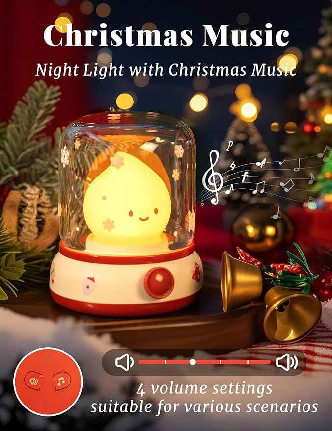 Christmas Night Light Music Box for Kids, Cute White Noise Machine Gift, Dimming, Rechargeable Portable Small Table Lamp, Best Idea for Christmas Gift Decoration