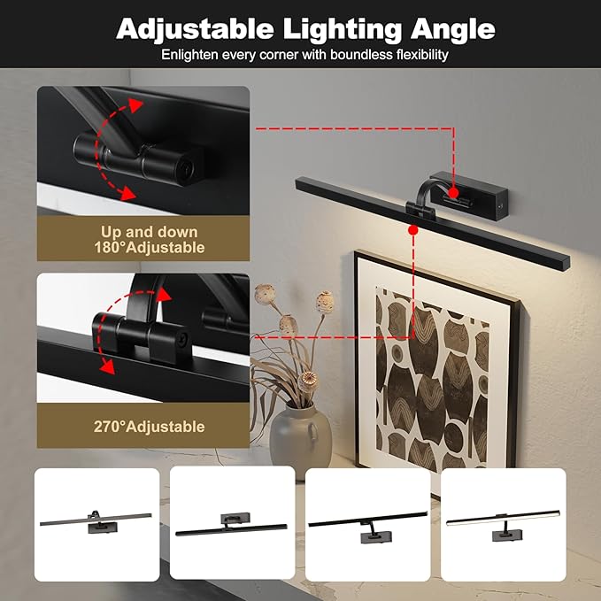 Wireless Picture Lights for Wall,23.5 Inch Black Art Light for Paintings,Battery Operated Picture Lights with Remote Control,Dimmable Rechargeable Art Lamps for Picture Frame,Gallery