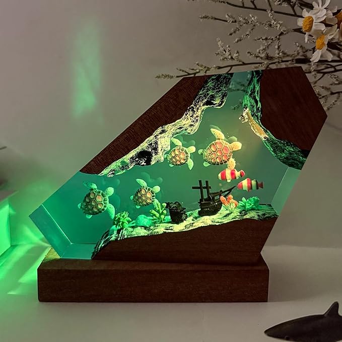 Sea Turtle Ocean Resin Lamp - Handmade Resin Night Light with USB Port, Variable Lights, Sea Turtle Gifts for Women and Men, Ocean Enthusiast Collectibles, Unique Birthday Gifts for Him & Her (8"x5")