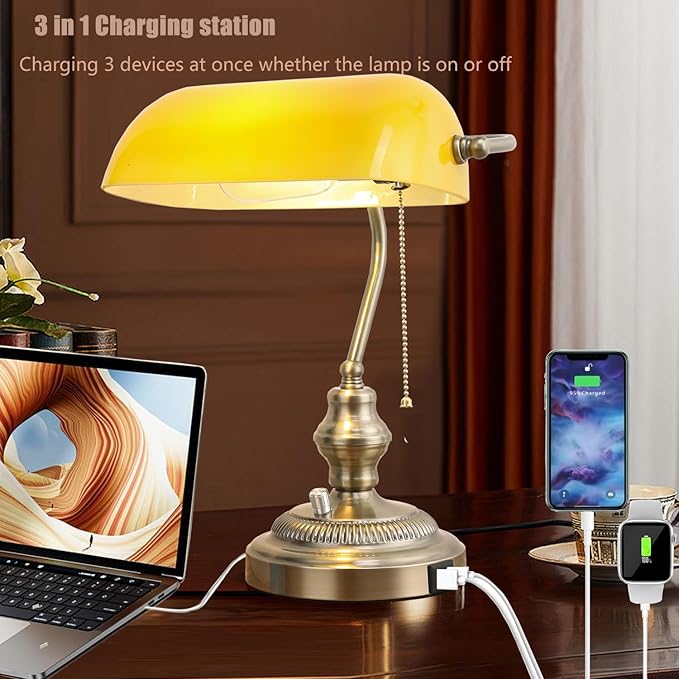 Rustic Banker's Desk Lamp Stepless Dimmable, Traditional Bankers Desk Lamp with USB Port and Outlet, Vintage Farmhouse Table Lamp for Home Office Library
