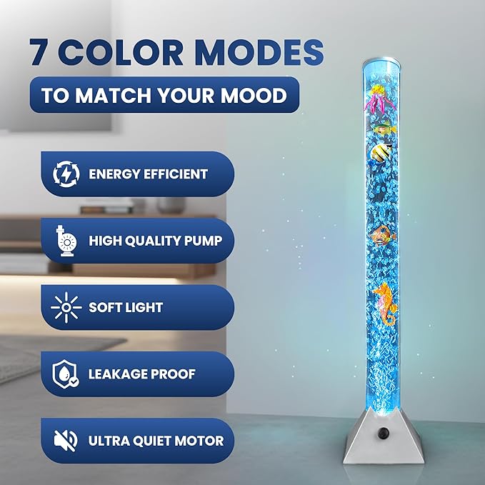 Brewish Sensory Bubble Floor Lamp with Bubble Regulator Knob | 7 Color Changing LED Mood Night Light | Artificial Fish Tank for Autism | Fake Aquarium Lamp | Gift for Kids & Adults | Silver - 3 Feet