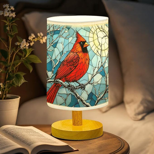 Cardinal Table Lamp LED 3-Color Pressed Bedside, Cardinal Shade Lamp with Wood Base for Bedroom Living Room Desk Office TL01