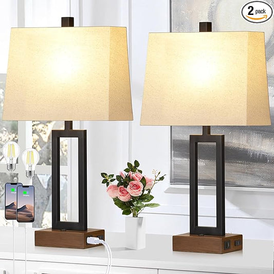 23.5" Table Lamps Set of 2, Modern Black Bedside Lamps with 2 USB Ports & AC Outlet, Contemporary Nightstand Lamps with Wood Base for Bedroom Living Room(LED Bulb Included) - Aura Lighting