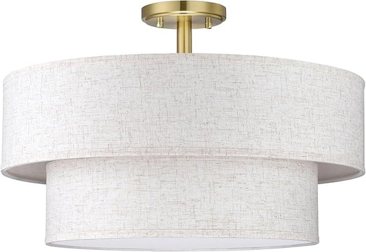 2-Tier 18" Cream Drum Fabric 4 Light Gold Semi Flush Mount Ceiling Light for Living Room Dining Room Bedroom Hallway - Aura Lighting