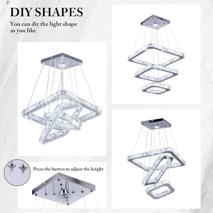 Modern Crystal Chandelier LED Ceiling Light, Square 3-Ring Design, Ultra-Bright 47W Cool White 6000K, Height Adjustable K9 Crystal Pendant Lighting for Dining Room, Living Room, Bedroom, Foyer