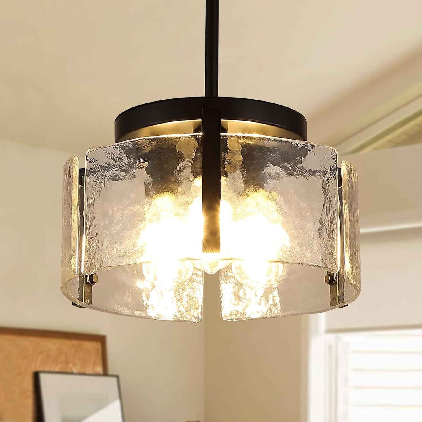 Glass Drum Chandelier for Dining Room, 3-Light Black Modern Chandelier Farmhouse Lights Kitchen Lighting Fixtures Over Table for Foyer Entryway Hallway Laundry Room Bedroom Bathroom