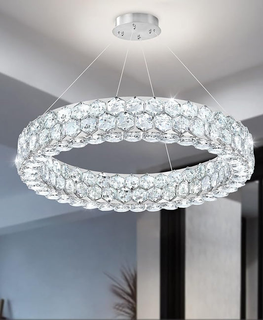 Modern Ring Chandelier, Crystal Chandeliers for Dining Room Round LED Ceiling Light Fixture for Living Room Bedroom Lighting Dimmable with Remote Ring Lights, 24inch Width Light