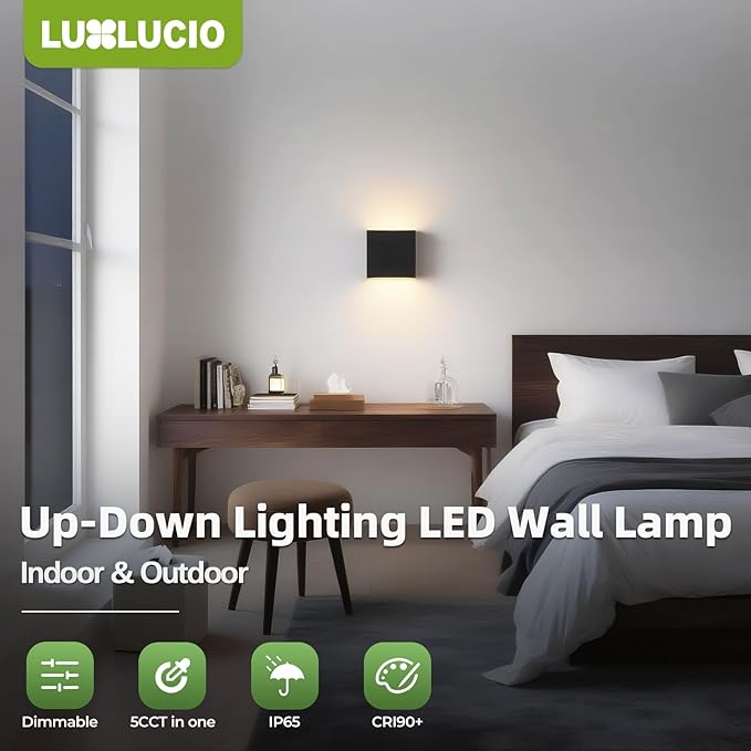 Indoor Outdoor Wall Light, 5%-100% Dimmable, 5 Color Temperature Selectable (2700K-5000K), Modern Wall Sconce for Living Room Porch, IP65 Waterproof, 120V, CRI90+, ETL FCC Certified - Aura Lighting