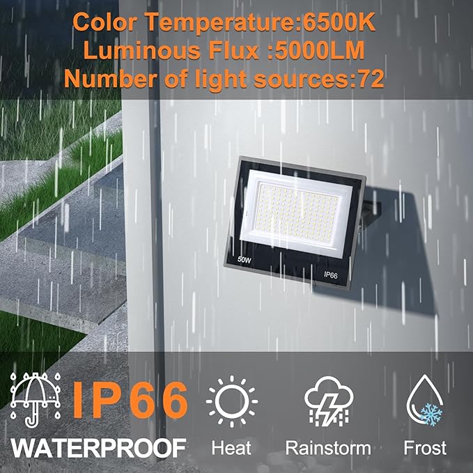 XXBSAZ 50W LED Security Flood Lights (2-Pack), 9000LM Super Bright for Home Safety, Easy 5-Min Plug-in, All-Weather IP66 Waterproof for Garages, Backyards, Driveways - Aura Lighting
