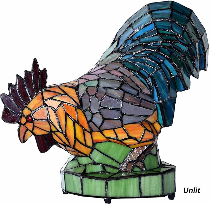 Bieye L12012 Colorful Rooster Tiffany Style Stained Glass Accent Table Lamp Night Light for Bedside Living Room Decoration (Multi-Colored, 5.75Dx13Wx12H)
