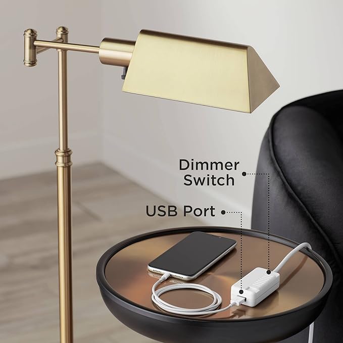 Regency Hill Jenson Industrial Farmhouse Adjustable Swing Arm Pharmacy Lamps Floor Standing with USB Charging Port 54" Tall Brushed Nickel Decor for Living Room Reading House Bedroom Home Office