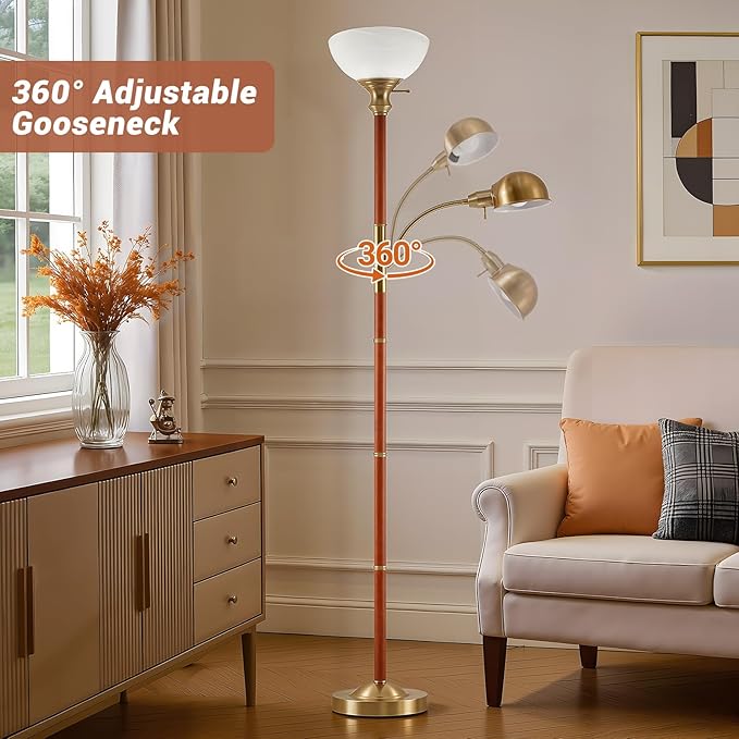 EJIAXIN Wood Floor Lamp for Living Room - Gold Torchiere Floor Lamps for Bedroom Standing Lamp with Glass Shade - Mid Century Modern Corner Tall Lamps for Home Office Nursery Reading Light,2 Head