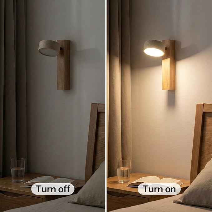 Natural Travertine Bathroom Vanity Light, 300° Swivel Japandi Ash Wood LED Wall Sconce, Warm Travertine Stone Farmhouse Mirror Lighting Fixtures, Modern Rustic Wall Lamp for Powder Room Bedroom(110V)