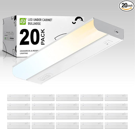 ASD 20 Pack 12 Inch Hardwired LED Under Cabinet Lights, On/Off & 5CCT Switch 2700K-5000K, 5W 442LM CRI90+, Direct Wire Low Profile Linkable Fixture, Dimmable Under Counter Kitchen Lighting, White, UL