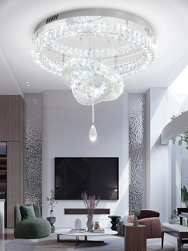 Flashing God Dia 32'' Modern Chandeliers for Living Room Crystal Flush Mount Ceiling Chandelier Large Chandeliers for Dining Room Bedroom LED Dimmable 3000-6000K Chrome