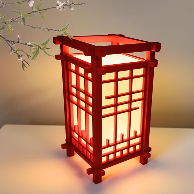 Japanese Shoji Style Lantern - Exquisite Japanese Decor for Home and Room | Unique Desk Lamp and Table Lamp Design | Mini Japanese Lantern Transforms Any Space (Crimson Red (9in Tall) - Cordless)