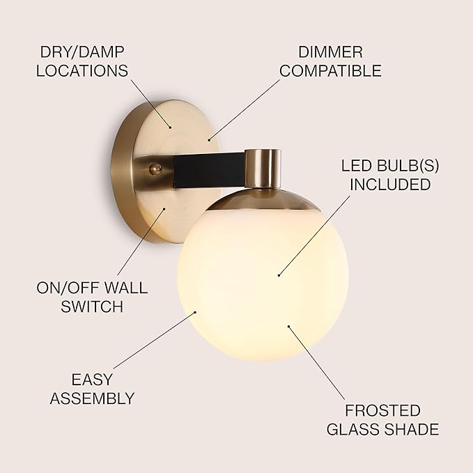 JONATHAN Y 5.75" Brass Gold/Black Modern Globe LED Vanity Wall Sconce Light, White Frosted Glass Shade, Mid-Century Art Deco Wall Lamp for Bathroom, Kitchen, Hallway JYL3540A