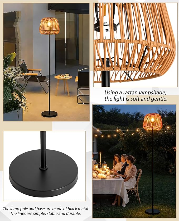 Outdoor Solar Floor Lamp, 65.4" Wireless Rattan Floor Lamp with Woven Lampshade & Black Metal Pole Base, Battery Operated Vintage Outdoor Waterproof Standing Lamps for Patio Garden Balcony Deck