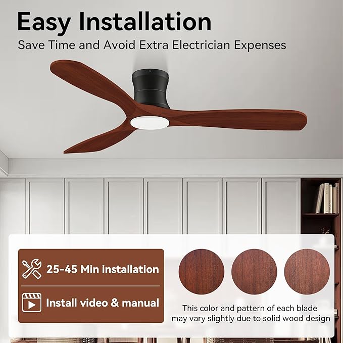 52” Smart Low Profile Ceiling Fans with Lights Remote,3 Wood blade,Quiet DC Motor,Outdoor Indoor Flush Mount Ceiling Fan,Voice Control via WIFI Alexa App,Modern Lighting& Ceiling fan for Bedroom Patio - Aura Lighting