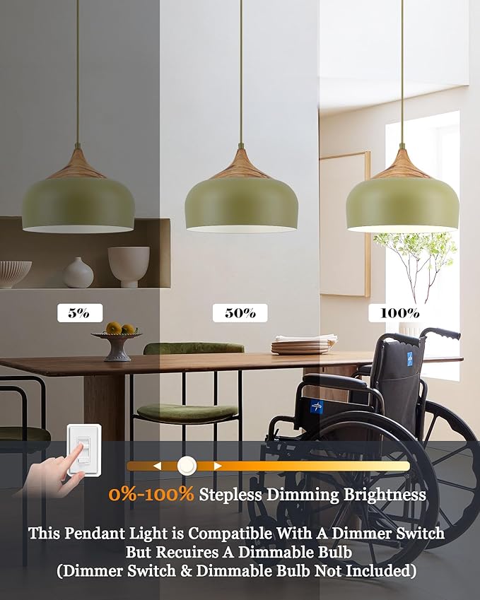 ELYONA Vintage Pendant Light Fixtures with Faux Pine Wood Grain, 12 Inch Adjustable Hanging Light Moss Green Metal Shade, Mid Century Modern Nordic Pendant Lamp for Kitchen Island Dining Room Bedroom