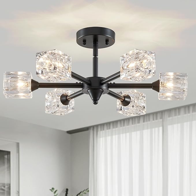 XINGQI Black Chandelier 6-Light 20" Semi Flush Mount Ceiling Light Fixture Modern Round Sputnik Chandelier for Bedroom Entryway Dining Room Living Room - Aura Lighting