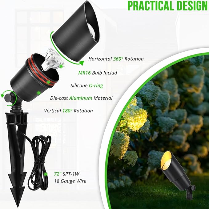 wowlite Matte Black Aluminum Outdoor Spot Lights with 4 Light Bulbs, 5W 2700K Warmlight 12V Low Voltage Landscape Lighting Fixture, IP65 Waterproof LED Uplights for Garden Courtyard Pathway, 4 Pack - Aura Lighting