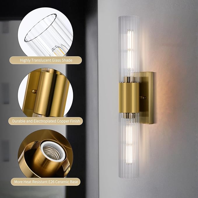 21" Gold Bathroom Sconces Set of 2 , Modern Wall Sconces Set of Two with Threaded Glass, Hardwired Up Down Wall Lighting Vanity Fixtures for Bedroom Bathroom Living Room Hallway (Bulb Not Included) - Aura Lighting