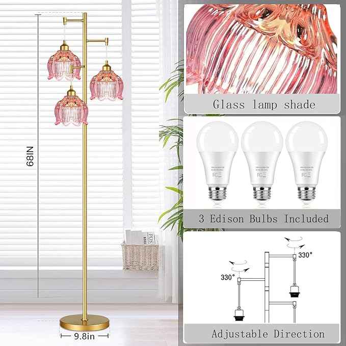 Glass Floor Lamp for Living Room,Bedroom,Gold Flower Mid Century Modern Standing Lamp Brass Tree 3 Light Tall Floor Lamps Vintage Floor Lights Pink Lamp Shade Farmhouse Boho Bohemian