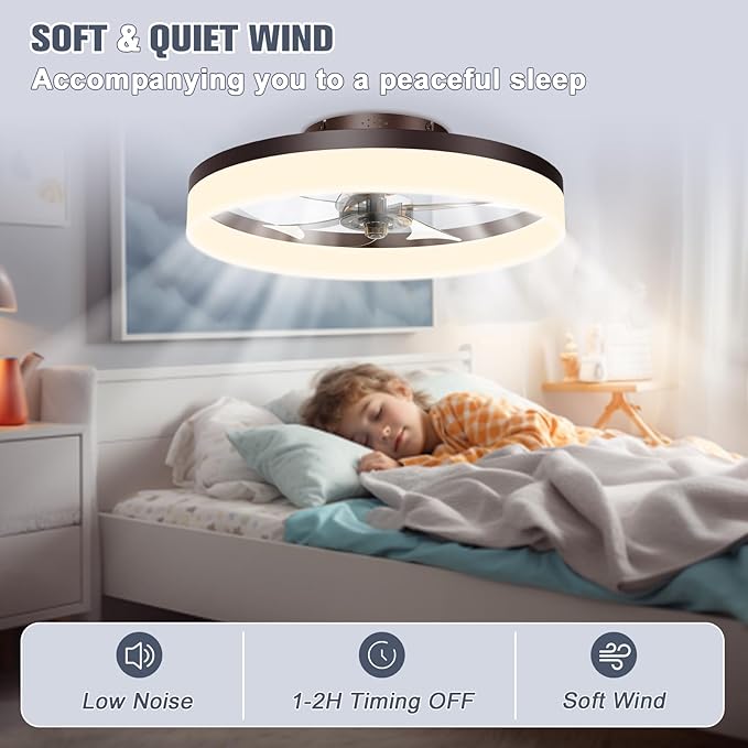 VOLISUN Low Profile Ceiling Fans with Lights and Remote, 19.7in Fandelier Ceiling Fan Flush Mount, 3000K-6500K Smart Bladeless LED Fan Light, Brown Modern Ceiling Fans with Lights for Bedroom - Aura Lighting