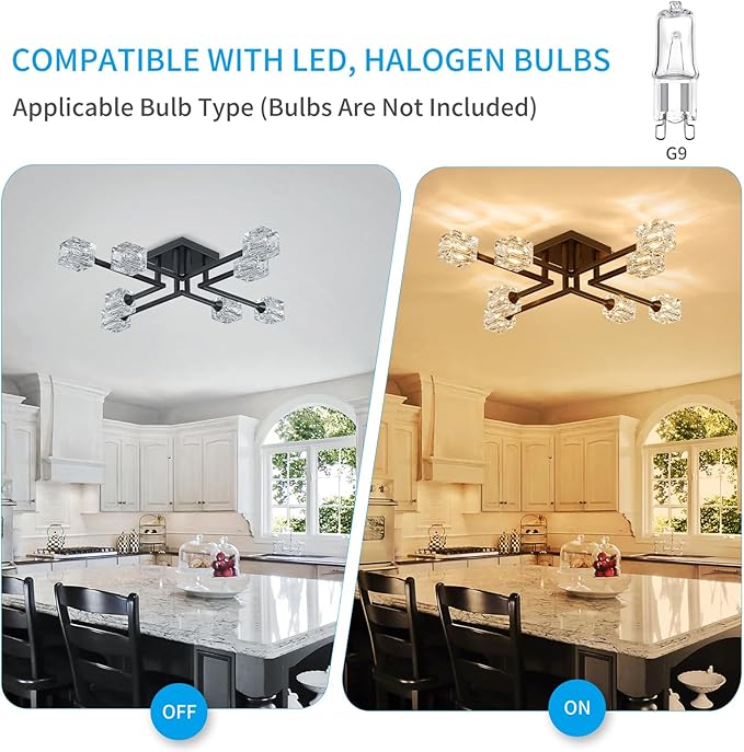 XINGQI Black Modern Sputnik Chandelier Semi Flush Mount Ceiling Light Glass 8-Lights Farmhouse Lighting Fixtures for Dining Room Living Room Kitchen Bedroom