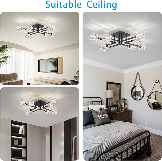 XINGQI Black Modern Sputnik Chandelier Semi Flush Mount Ceiling Light Glass 8-Lights Farmhouse Lighting Fixtures for Dining Room Living Room Kitchen Bedroom