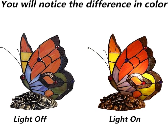 Bieye L10038 Butterfly Tiffany Style Stained Glass Accent Table Lamp Night Light, 9 inches Tall