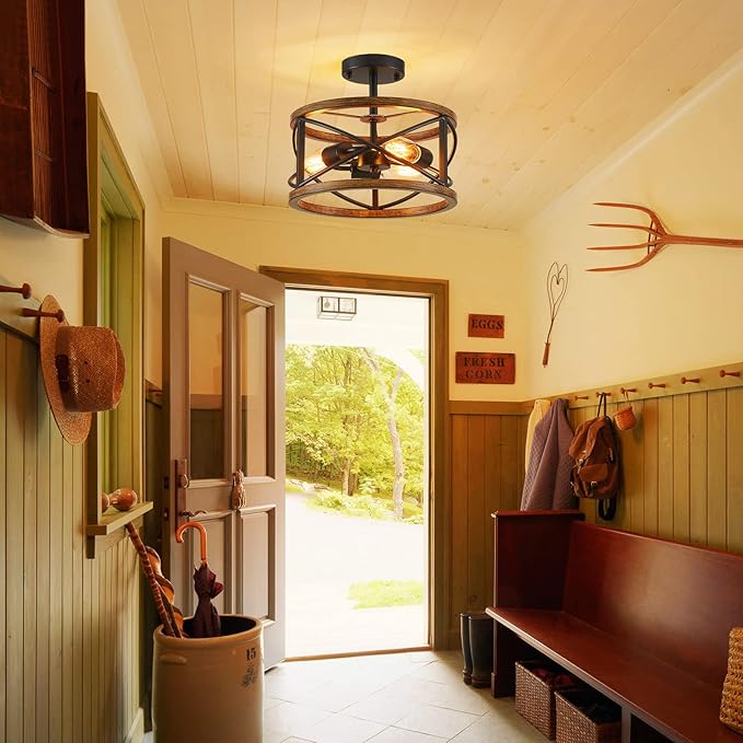 WUZUPS Chandelier 3-Light Imitation Wood Grain Vintage Farmhouse Industrial Semi-Flushmount Ceiling Light Lighting Fixture for Foyer Hallway Storage Room Kitchen Bathroom, H 9.4" W 12", Black