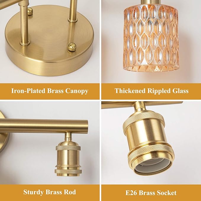 Bathroom Vanity Light, Gold Wall Fixture Over Mirror, Amber Glass Shade Lighting with Bulbs Included for Bedroom & Living Room,3-Lights