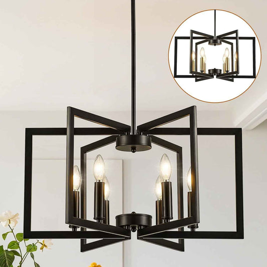 6-Light Black Chandelier for Dining Room Light Fixture Over Table Foyer Lighting Fixtures Modern Farmhouse Geometric Metal Hanging Industrial Chandeliers for Entryway Kitchen Hallway