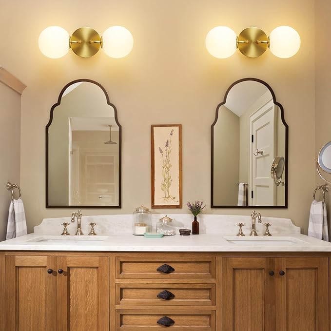 Yunnix Wall Sconce Set of Two Gold Wall Vanity Light Modern Globe Wall Sconces Light Mid Century Wall Sconce 2 Light for Bathroom Mirror Living Room Bedside Living Room Bedroom(Bulbs Not Included)