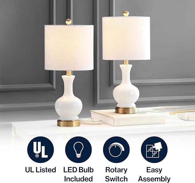 JONATHAN Y 22" White Modern Glass Table Lamp Set of 2, Brass Gold Bedside Lamp with White Linen Shade for Bedroom Living Room, LED Bulbs Included JYL4033A-SET2