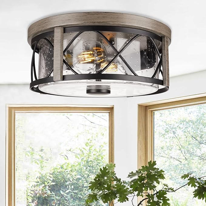 Rustic Close to Ceiling Light Fixtures, Farmhouse Wood Grain Flush Mount Ceiling Lighting, Metal Cage Lighting with Seeded Glass for Home Kitchen Dining Room Bedroom Hallway Entryway Foyer